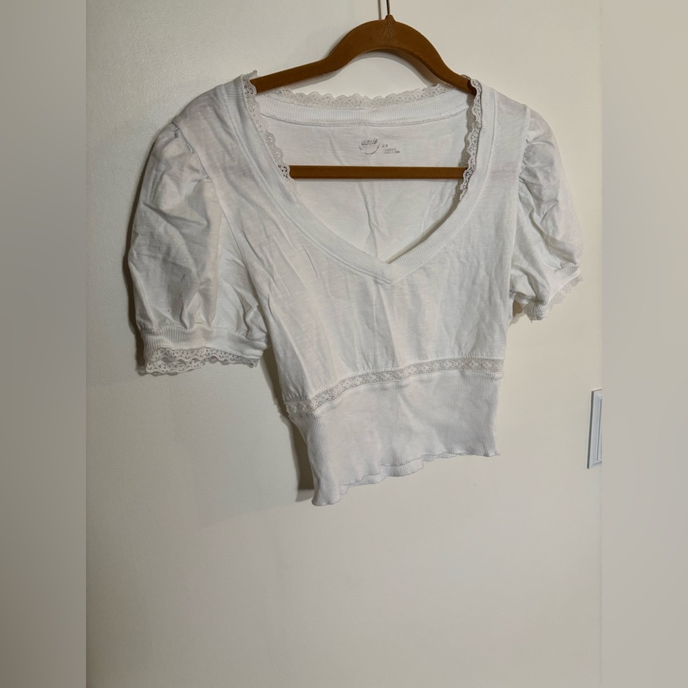 Aerie White Lace Trim V-Neck Top